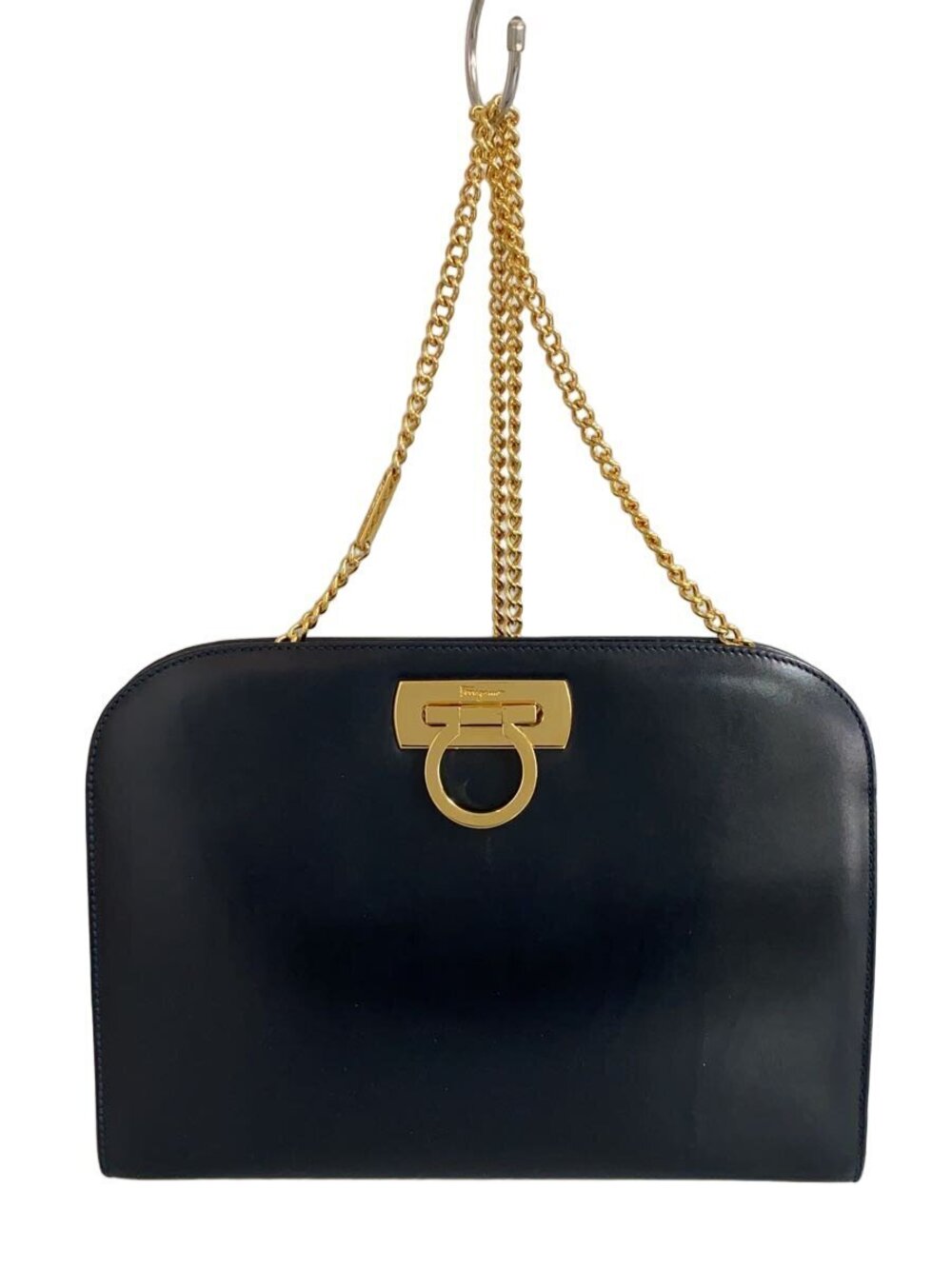 Salvatore Ferragamo Gancini Gold Chain Shoulder Bag Vertical Leather Black